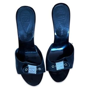 Chanel Black Suede Clog Slides Sandals Size 36